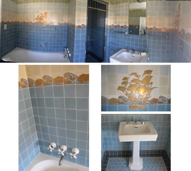 "Blue" upstairs bathroom: panorama and sea-theme details.